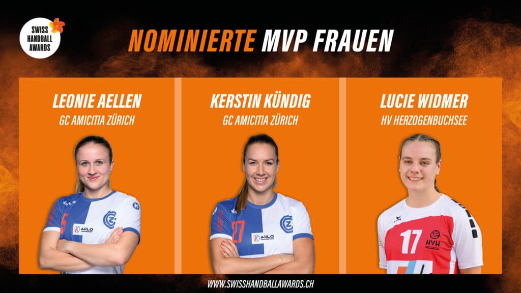 Poster announcing 'Nominiert MVP Frauen' with three nominees: Leonie Aellen, Kerstin Kündig, Lucie Widmer; Swiss Handball Awards branding on orange panels.